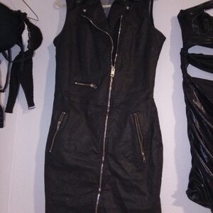Black Leather Sleeveless Zipper Mini Biker Dress By Diesel